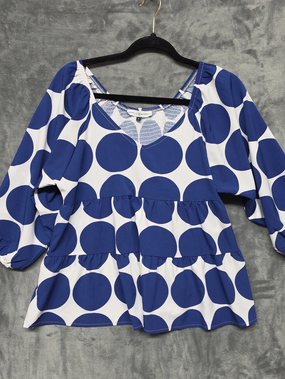 Michelle McDowell Blue and White Polka Dot Tiered Tunic Top sz Lg